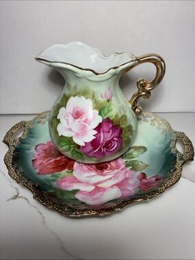 Bavarian Hand-Painted Floral Porcelain Tray & pitcher - Pink Cabbage Roses